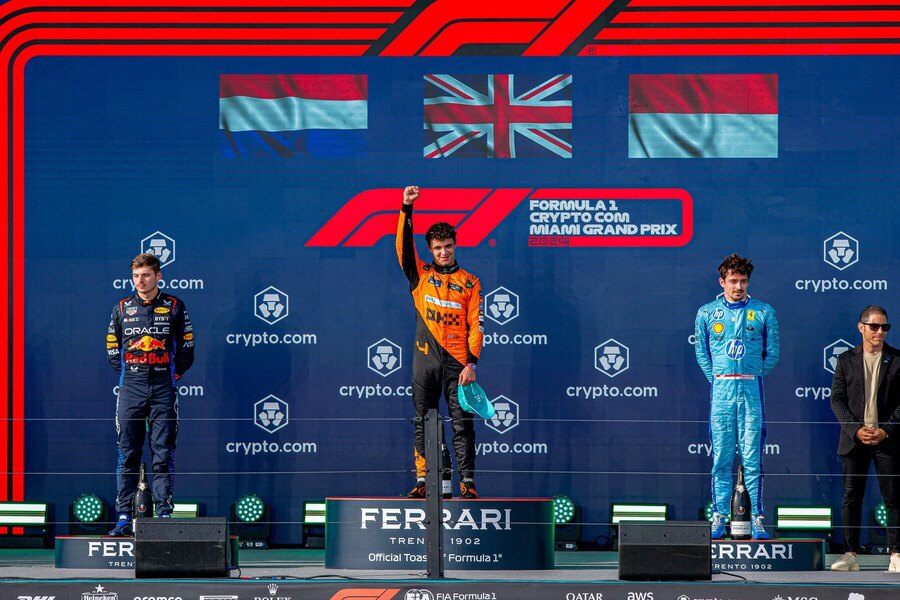 Lando Norris slavící vítězství v GP Miami 2024