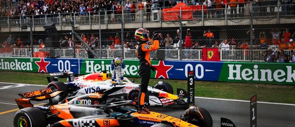 Oscar Piastri (vpředu) a Isack Hadjar patřili k vítězům VC Nizozemska F1 2025
